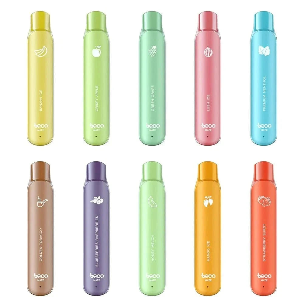 Verschiedene Beco Mate Einweg E-Zigaretten, darunter Mango Ice mit tropischem Mango-Menthol-Geschmack; ideal für Fruchtliebhaber.