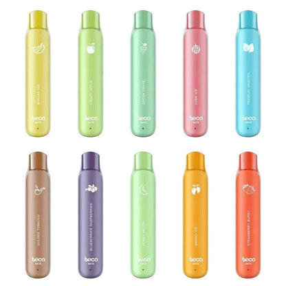 Verschiedene Beco Mate Einweg E-Zigaretten, darunter Mango Ice mit tropischem Mango-Menthol-Geschmack; ideal für Fruchtliebhaber.
