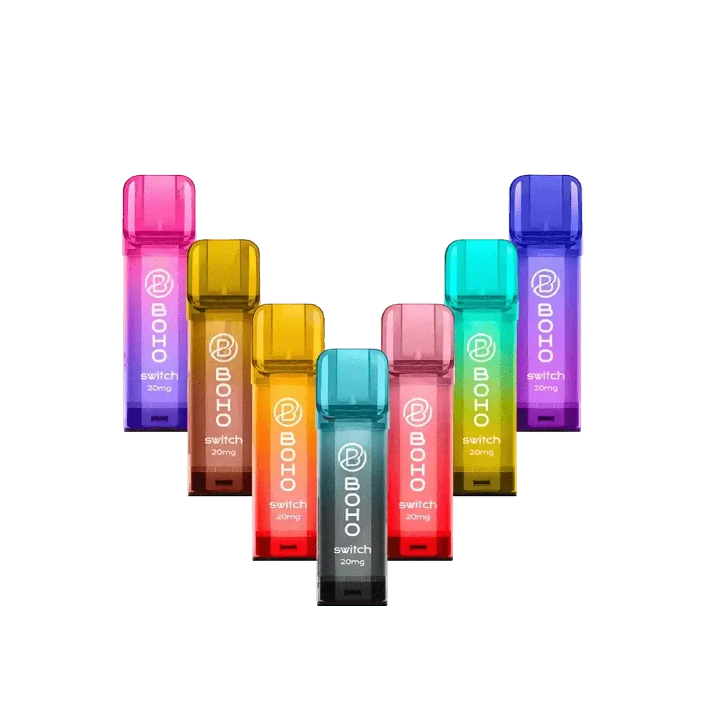 Bunte Boho Switch Vape-Pods in verschiedenen Geschmacksrichtungen, perfekt für ein erfrischendes und fruchtiges Dampferlebnis.
