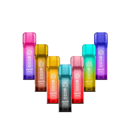 Bunte Boho Switch Vape-Pods in verschiedenen Geschmacksrichtungen, perfekt für ein erfrischendes und fruchtiges Dampferlebnis.