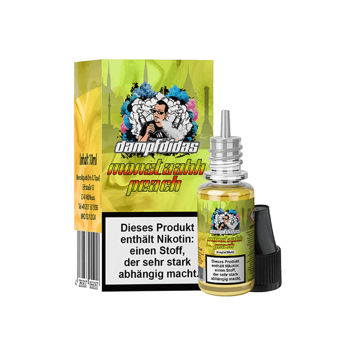 Dampfdidas Monstaahh Peach E-Liquid – erfrischender Pfirsich-Energy-Drink, perfekt für dein sommerliches Vaping-Erlebnis.