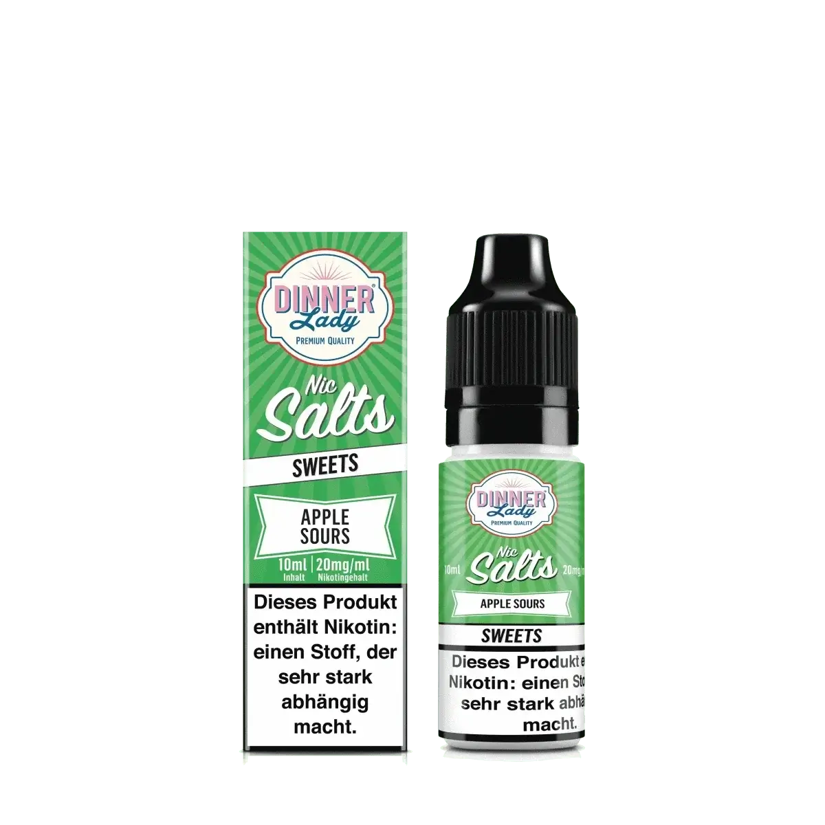 Dinner Lady Nic Salts - Apple Sours E-Liquid Flasche neben Verpackung, spritzig und säuerlich, perfekt für deinen Geschmackstrip.