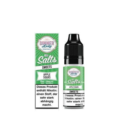 Dinner Lady Nic Salts - Apple Sours E-Liquid Flasche neben Verpackung, spritzig und säuerlich, perfekt für deinen Geschmackstrip.