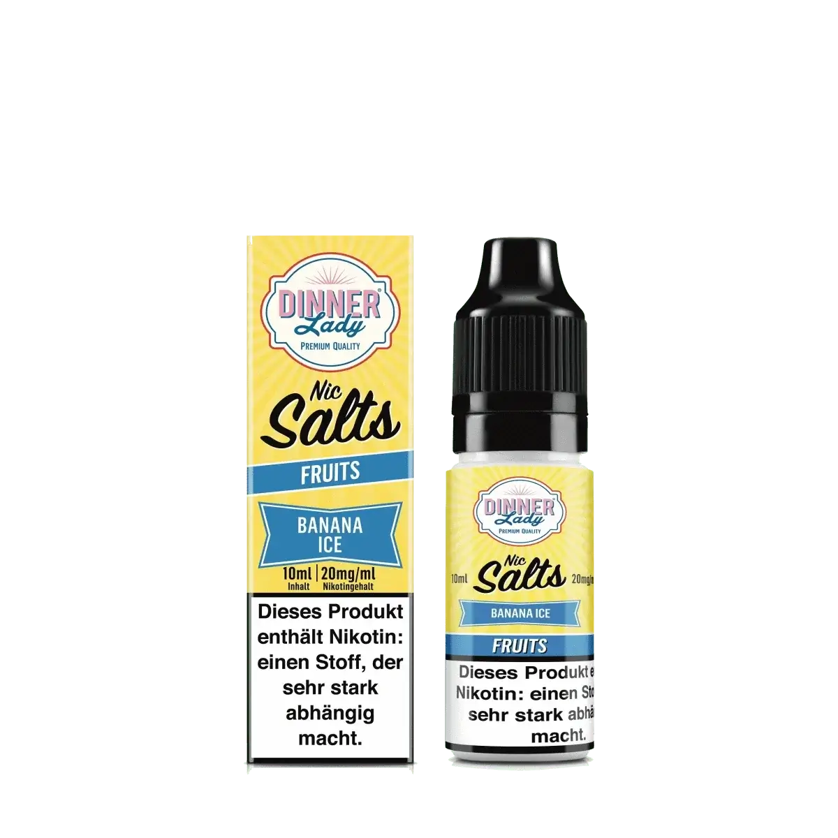 Dinner Lady Nic Salts Banana Ice E-Liquid mit Banane, Vanille und Menthol, 10ml Flasche neben Verpackung