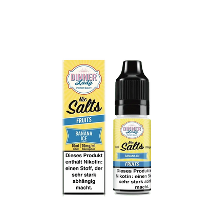 Dinner Lady Nic Salts Banana Ice E-Liquid mit Banane, Vanille und Menthol, 10ml Flasche neben Verpackung
