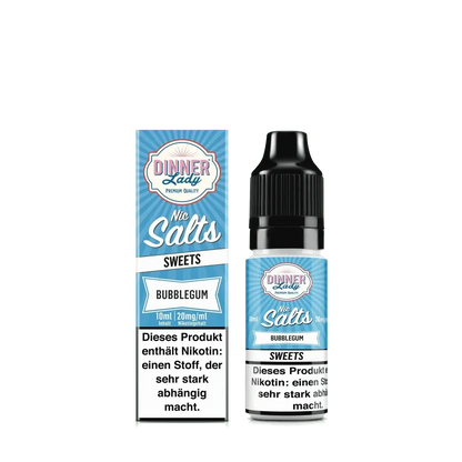 Dinner Lady Nic Salts Bubblegum E-Liquid, nostalgischer Kaugummi-Geschmack, 10ml Flasche in blauem Design.