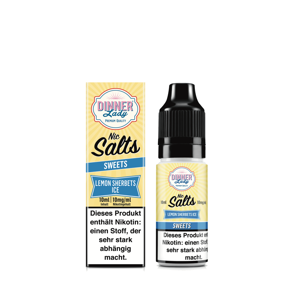 Dinner Lady Nic Salts - Lemon Sherbets Ice mit erfrischendem Zitronen-Menthol-Geschmack in 10ml Flasche. Perfekt für ein spritziges Dampfen!