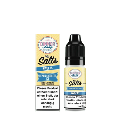 Entdecke den erfrischenden Geschmack von Dinner Lady Nic Salts Lemon Sherbets Ice mit Zitronenbrause und kühlem Menthol.