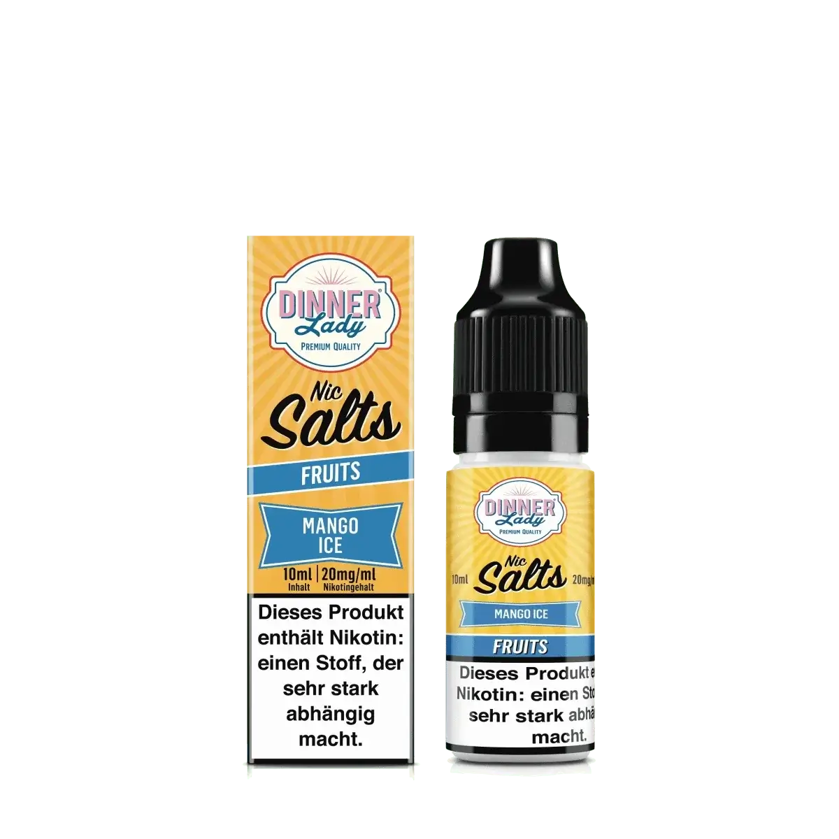 Erlebe die exotische Kühle von Mango Ice: E-Liquid Flasche und Verpackung mit erfrischendem Mango Menthol-Geschmack.