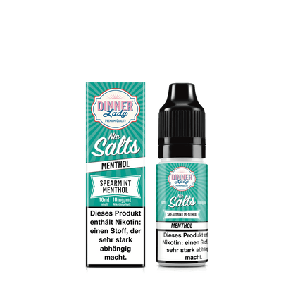 Entdecke die erfrischende Kombination von Spearmint und Menthol aus der Dinner Lady Nic Salts Linie. Perfekt für frischen Minzgenuss.