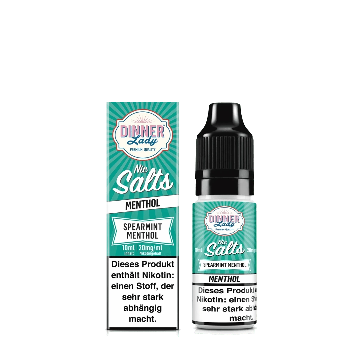 Dinner Lady Nic Salts - Spearmint Menthol E-Liquid 10ml Flasche mit Box, perfekt für frischen Minzgeschmack.