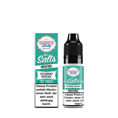 Dinner Lady Nic Salts - Spearmint Menthol E-Liquid 10ml Flasche mit Box, perfekt für frischen Minzgeschmack.