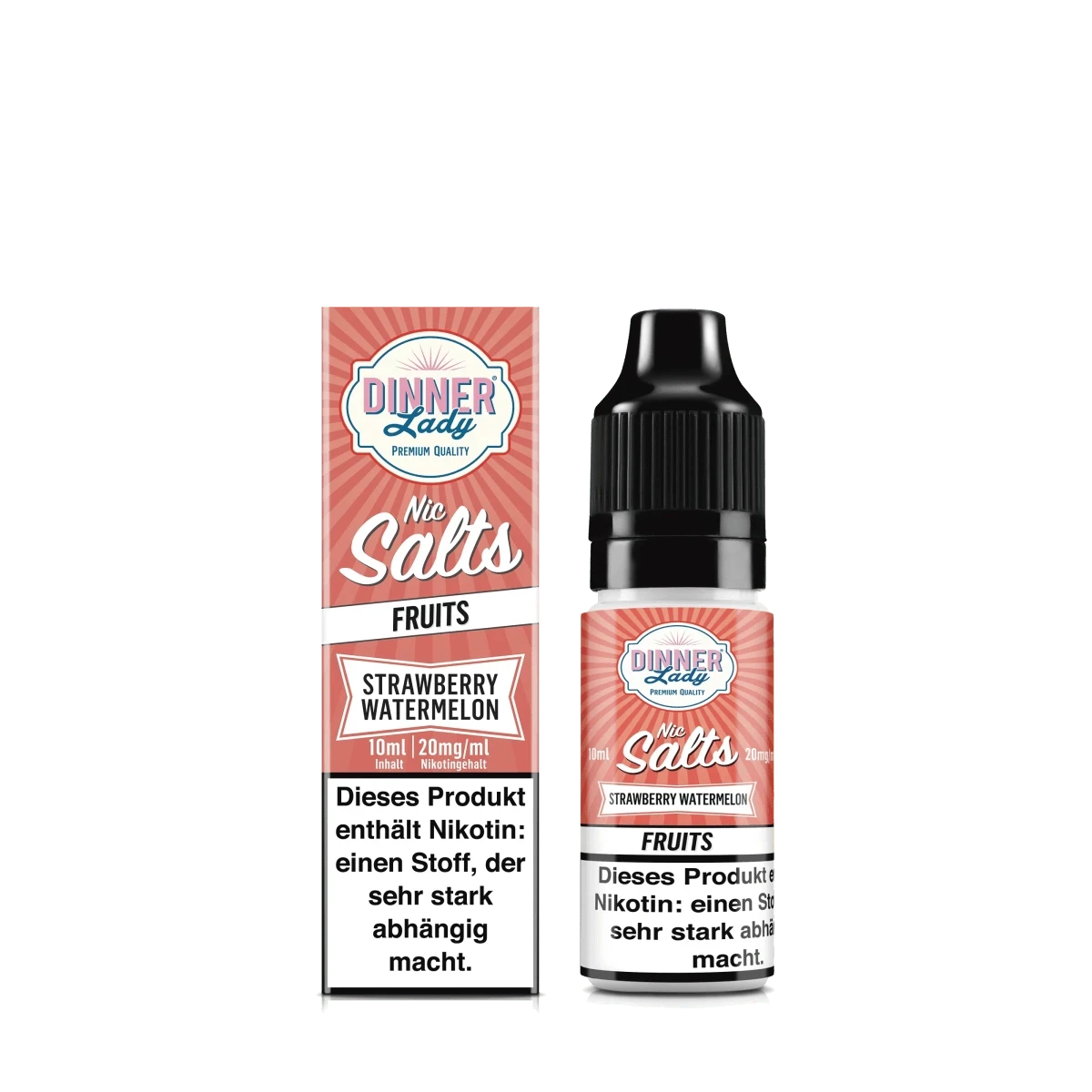Dinner Lady Nic Salts Strawberry Watermelon E-Liquid mit süßem Erdbeer- und Wassermelonen-Geschmack in 10ml Flasche.