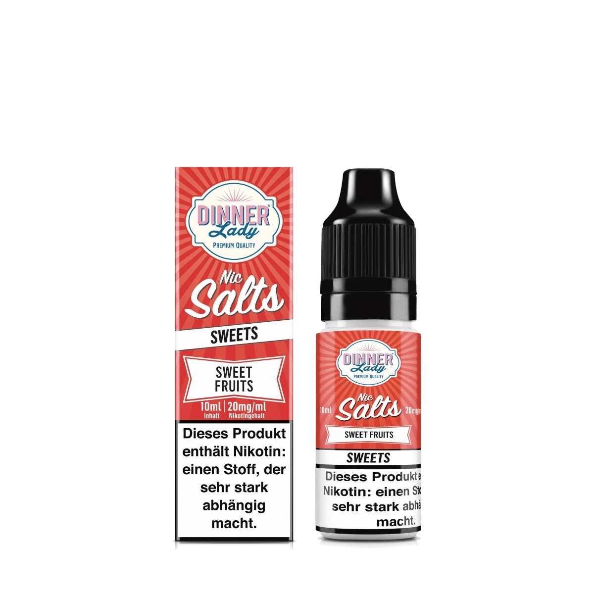 Nic Salts Sweet Fruits E-Liquid von Dinner Lady, fruchtige Nikotinsalze in 10ml Flasche mit verlockendem Obstsalatgeschmack