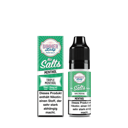 Erfrischendes Dinner Lady Triple Menthol Nic Salts E-Liquid, kraftvolle Mischung aus Eukalyptus, Minze und Menthol, 10ml Flasche.
