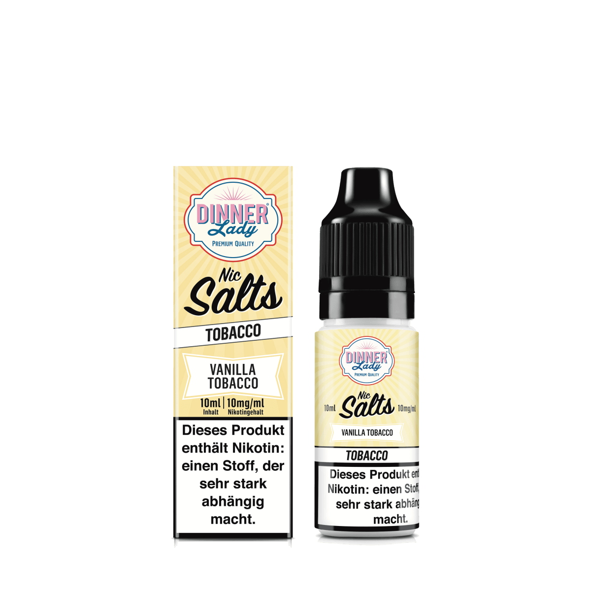 Vanille Tabak Nic Salts von Dinner Lady, entdecke sanfte Vanille- und Tabaknoten im E-Liquid für entspannende Dampfmomente.
