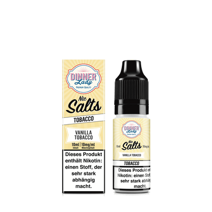 Vanille Tabak Nic Salts von Dinner Lady, entdecke sanfte Vanille- und Tabaknoten im E-Liquid für entspannende Dampfmomente.