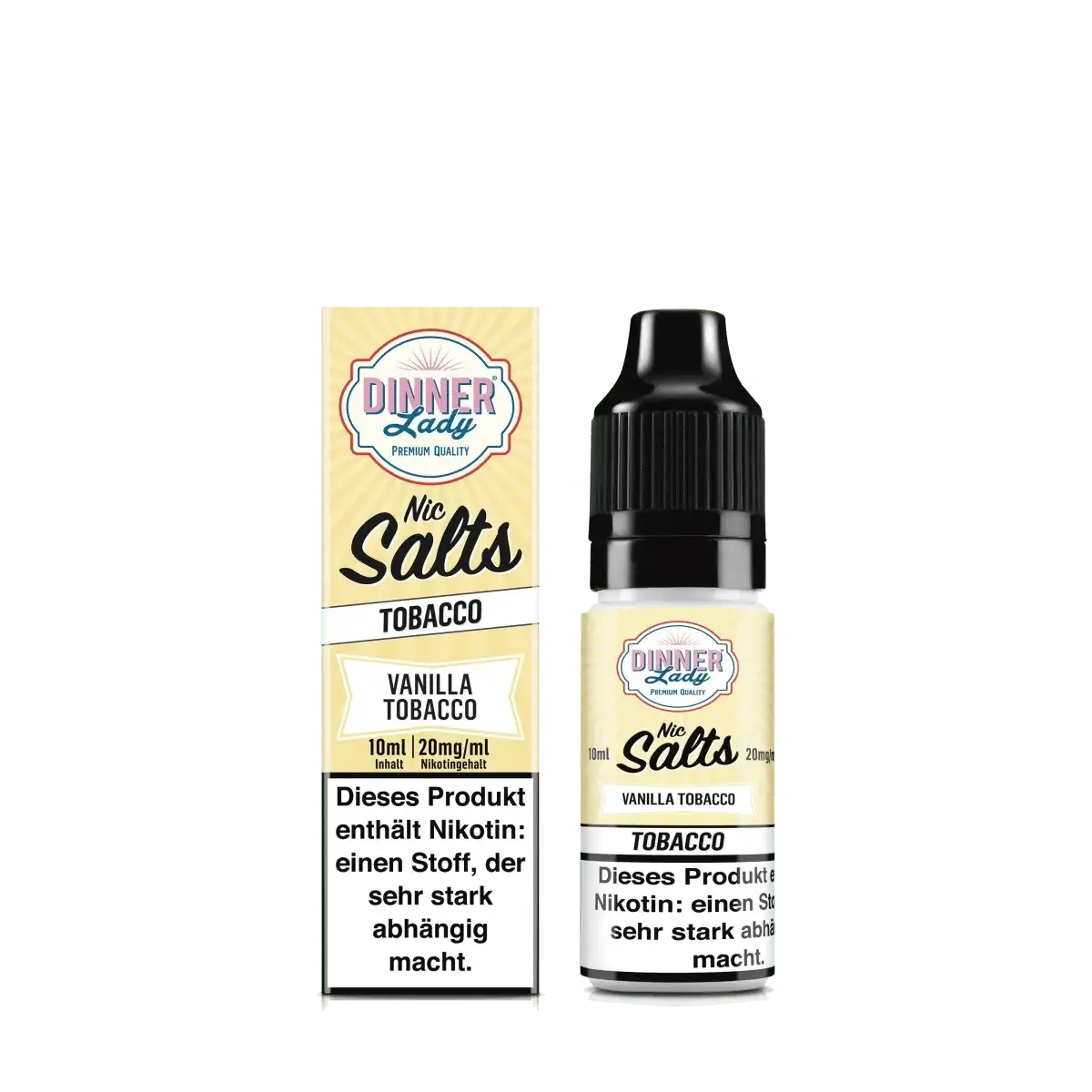 Dinner Lady Nic Salts - Vanilla Tobacco Flasche vor Verpackung, klassischer Tabakgeschmack mit Vanillenoten. Perfekt für Genießer!