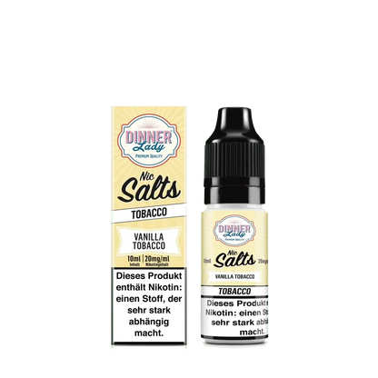 Dinner Lady Nic Salts - Vanilla Tobacco Flasche vor Verpackung, klassischer Tabakgeschmack mit Vanillenoten. Perfekt für Genießer!