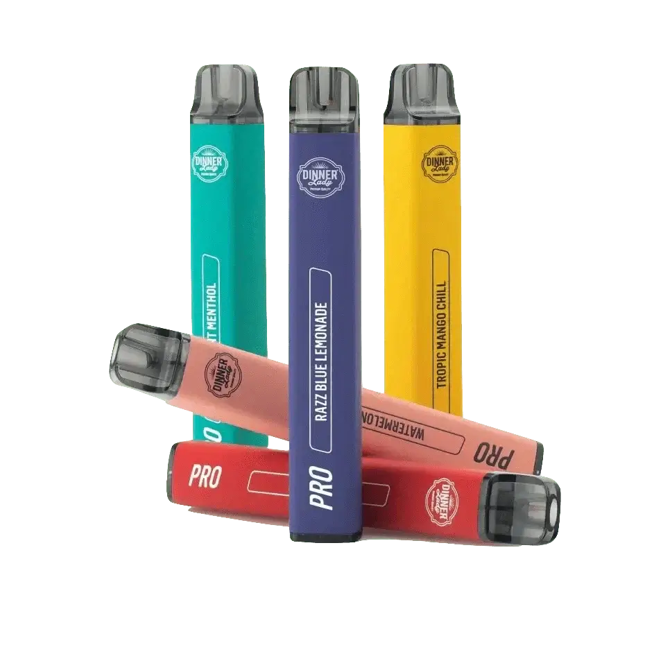 Fünf bunte Vape Pens von Dinner Lady, inklusive roter Red Thunder Variante, ideal für deinen Energiekick.