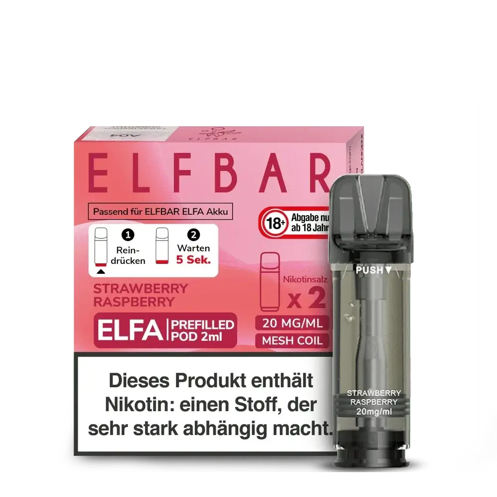 Entdecke den fruchtigen Geschmack des Elfa Pod Sets Erdbeere Himbeere und genieße vollmundige Beerenaromen im praktischen 2er Pack.