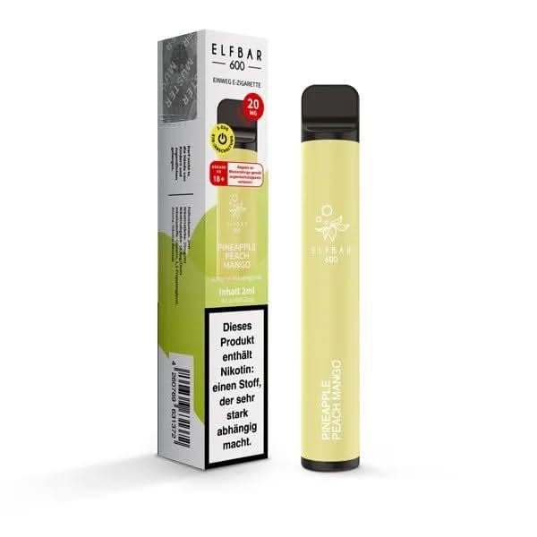 Elf Bar 600 CP in Pineapple Peach Mango Geschmacksrichtung vor Verpackung, ideal für fruchtige Vape-Liebhaber.