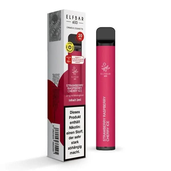 Elf Bar 600 CP Vape mit Erdbeer-Himbeer-Kirschgeschmack und Menthol, ideal für eine erfrischende Frucht-Explosion.