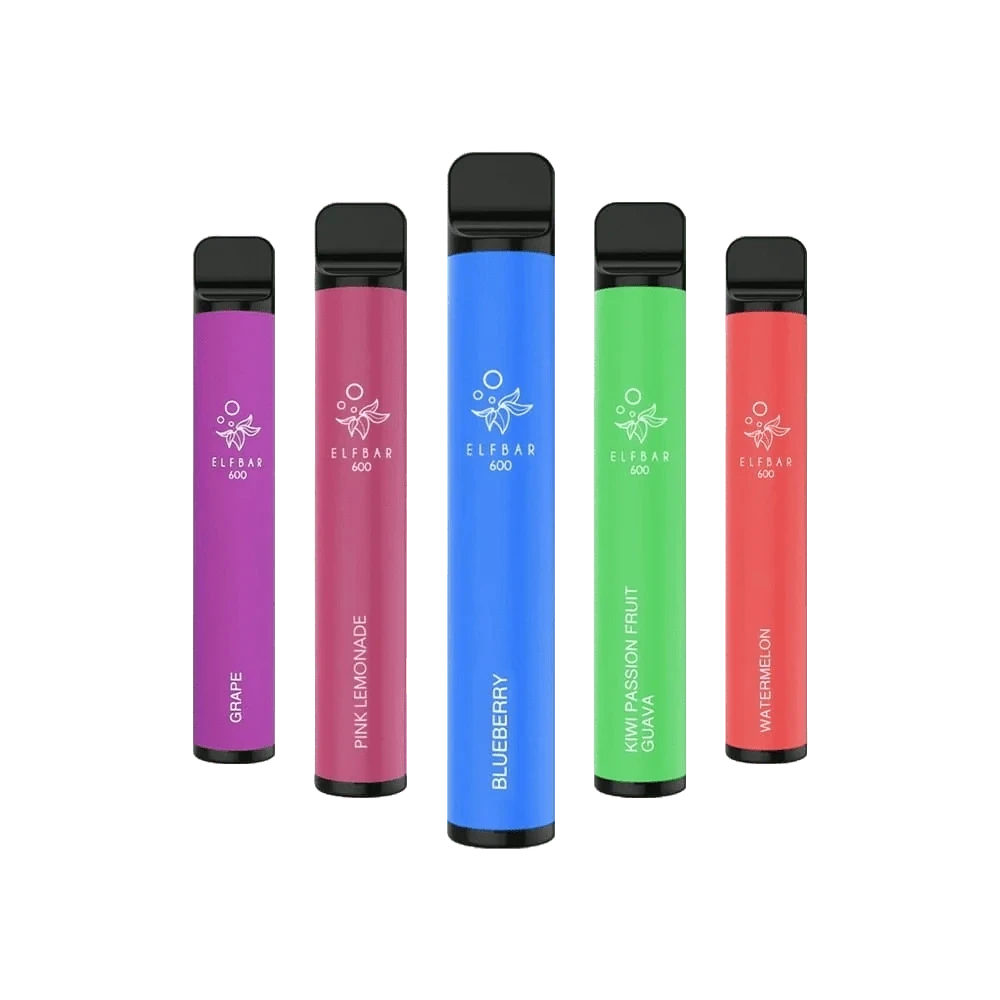 Elf Bar 600 Vape Pens in verschiedenen Geschmacksrichtungen, darunter Blaubeere und Wassermelone, vor weißem Hintergrund.