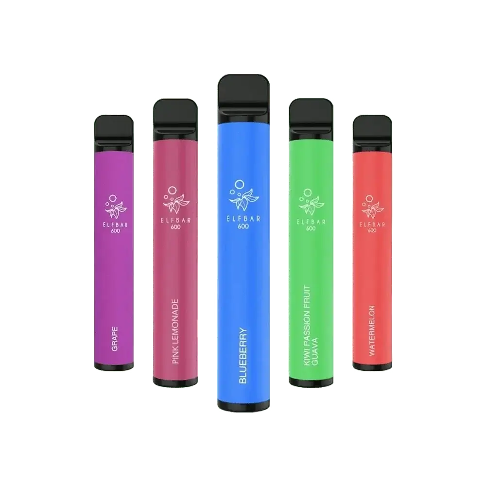 Elf Bar 600 Vapes in Grape, Pink Lemonade, Blueberry, Kiwi Passion Fruit Guava, and Watermelon flavors