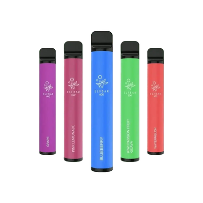 Elf Bar 600 Vapes in Grape, Pink Lemonade, Blueberry, Kiwi Passion Fruit Guava, and Watermelon flavors