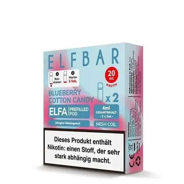 Elfa Pod 2er Set Blueberry Cotton Candy, süßes Vape-Erlebnis mit Blaubeeren und Zuckerwatte, 4ml Nikotingehalt, Mesh Coil