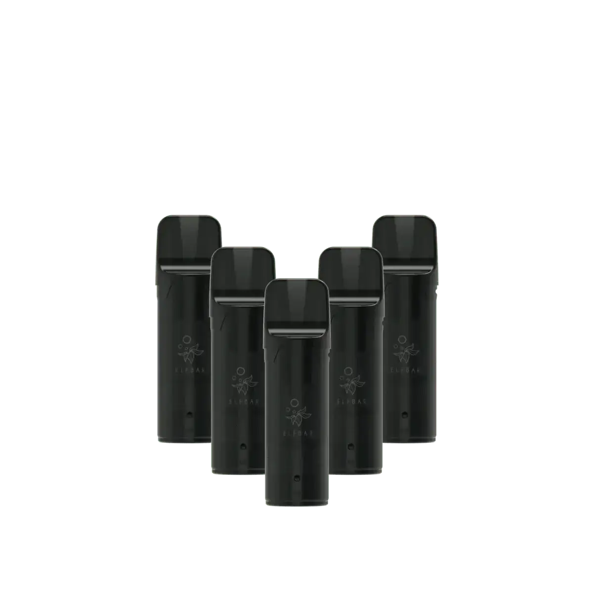 Set aus fünf schwarzen Elfa Pods, ideal für ein fruchtiges Erdbeer-Himbeer-Vape-Erlebnis.