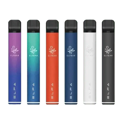 Sechs bunte ELFA Basisgeräte von Elf Bar für stilvolles und umweltfreundliches Vaping, erlebe Geschmacksvielfalt in jeder Farbe.
