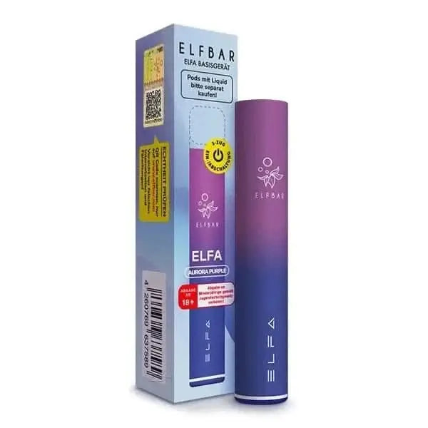 Elfa Basisgerät Aurora Purple in tiefem Lila neben der Verpackung, ideal für umweltfreundliches Vaping mit elegantem Design.