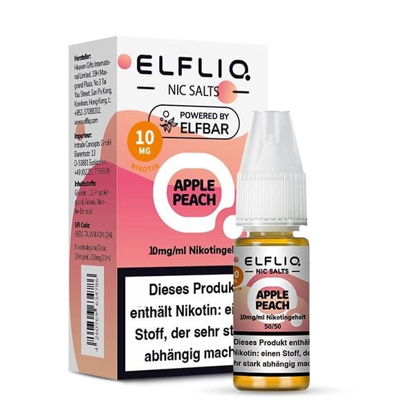 Flasche und Verpackung von Elfliq Apple Peach Aroma, perfekt für fruchtigen Dampfgenuss mit Apfel und Pfirsich-Geschmack.
