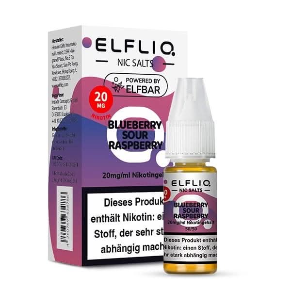 Elfliq Nikotinsalz Blueberry Sour Raspberry Flasche und Verpackung.