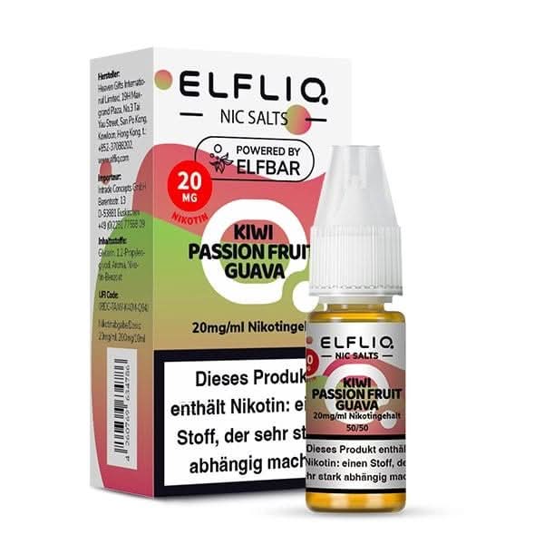 Elfliq Kiwi Passion Fruit Guava E-Liquid Flasche und Verpackung, 20 mg Nikotingehalt für tropischen Genuss.