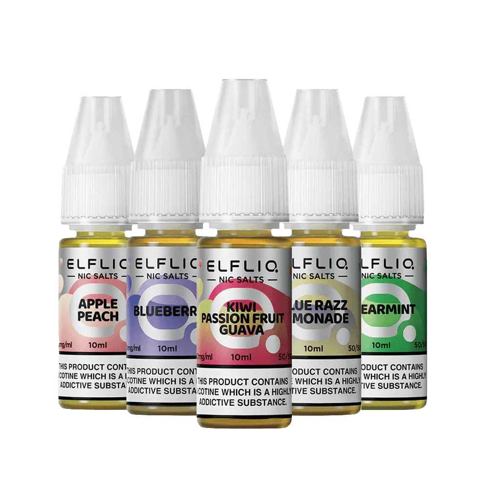 Fünf Elfliq E-Liquid-Flaschen in Geschmacksrichtungen wie Apfel-Pfirsich und Kiwi-Passionsfrucht. Ideal für Erfrischung beim Vapen!