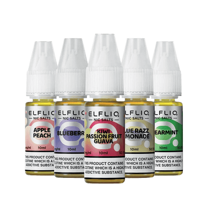 Fünf Elfliq E-Liquid-Flaschen in Geschmacksrichtungen wie Apfel-Pfirsich und Kiwi-Passionsfrucht. Ideal für Erfrischung beim Vapen!