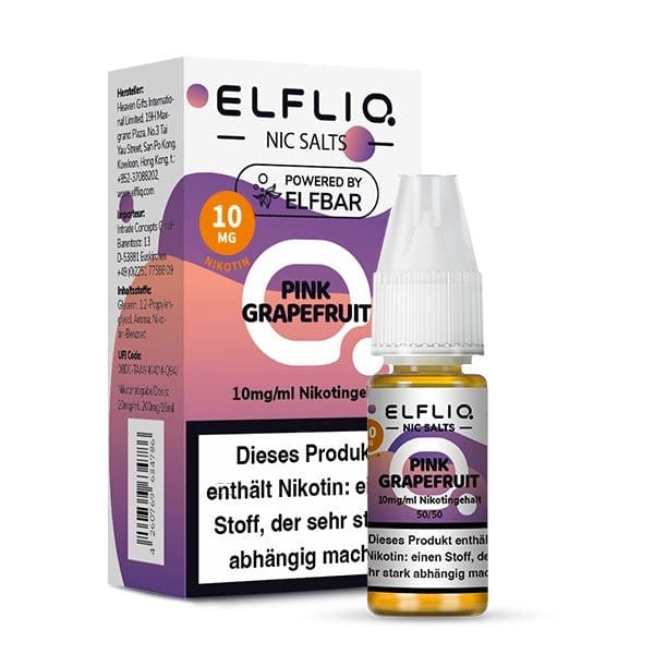 Elfliq Pink Grapefruit E-Liquid Flasche und Verpackung, erfrischender Geschmack für mutige Vaper. Ideal für nachhaltiges Vaping.