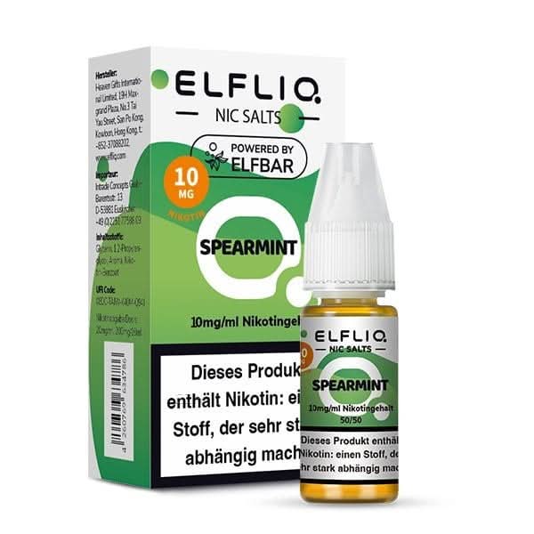Elfliq Spearmint E-Liquid Flasche und Verpackung, kühler Pfefferminzgeschmack für erfrischendes Vape-Erlebnis. Perfekt für dich.