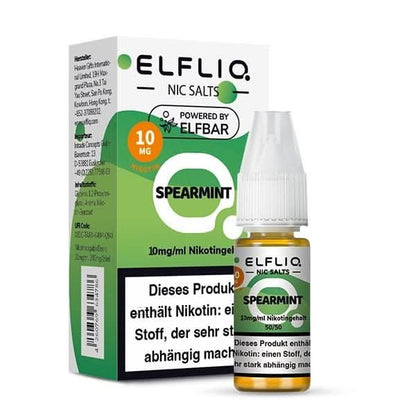 Elfliq Spearmint E-Liquid Flasche und Verpackung, kühler Pfefferminzgeschmack für erfrischendes Vape-Erlebnis. Perfekt für dich.