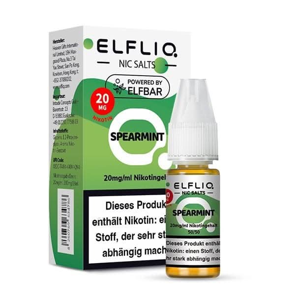 Elfliq Spearmint E-Liquid Flasche und Verpackung, 20mg Nikotinstärke, erfrischender Pfefferminzgeschmack für E-Zigaretten.