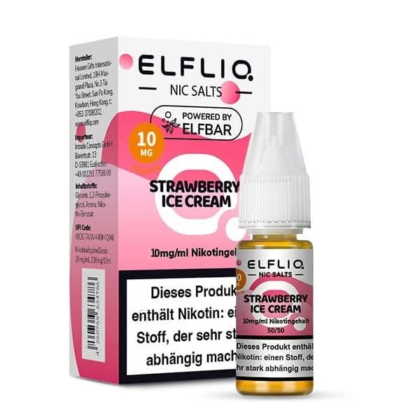 Elfliq Erdbeereis-Flasche vor Verpackung, einladend süßer Erdbeer- und Eisgeschmack mit 10mg Nikotinsalz; perfekt für sonnige Tage.