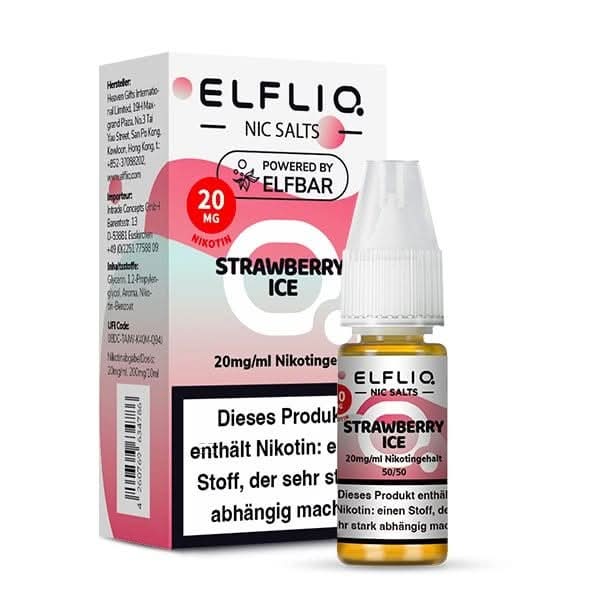Elfliq - Strawberry Ice Nikotinsalz e-liquid in der Flasche vor einer Verpackung. Leckere Erdbeer-Menthol Mischung genießen.