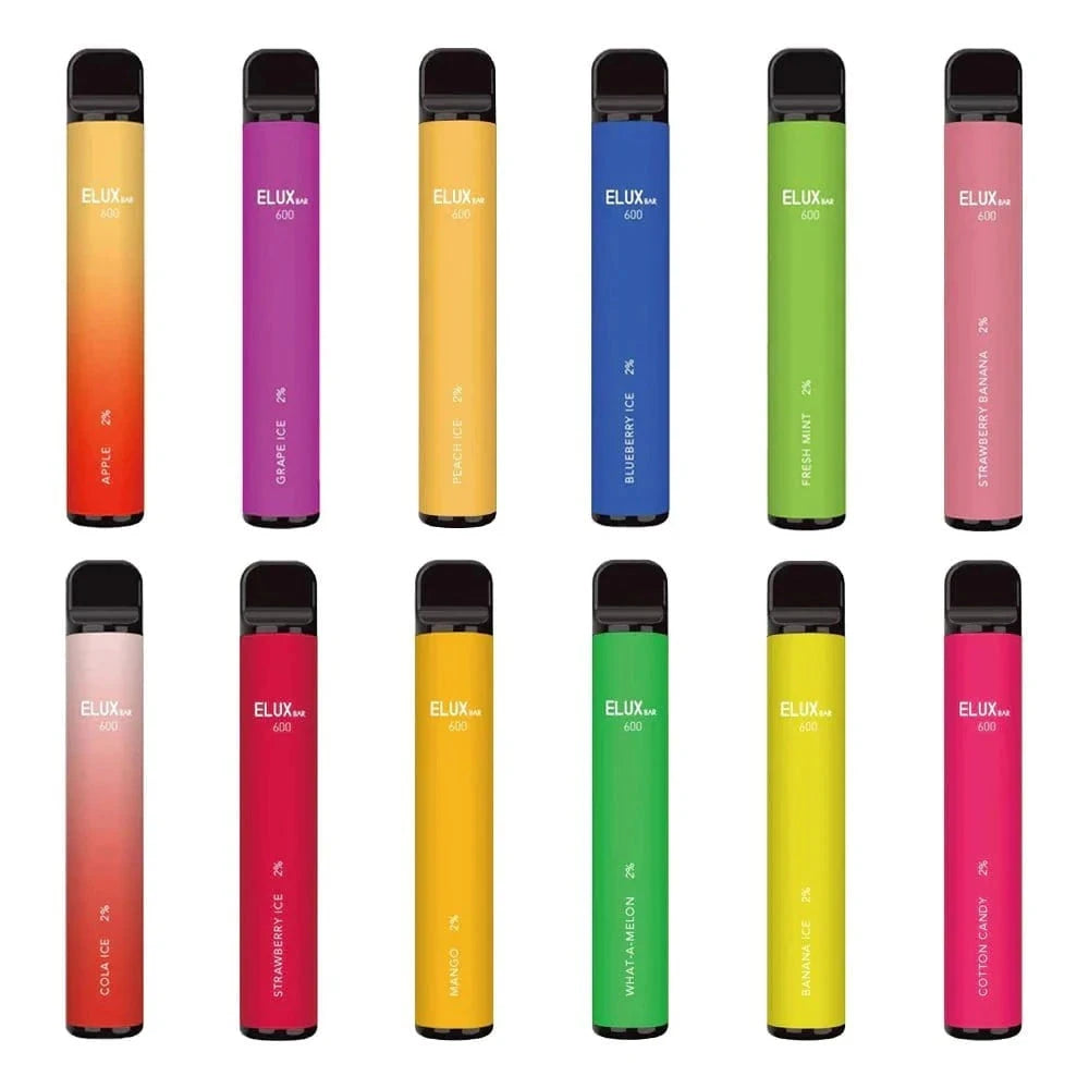 Verschiedene Elux Bar 600 Modelle in bunten Farben, bereit für fruchtigen E-Zigaretten-Genuss.