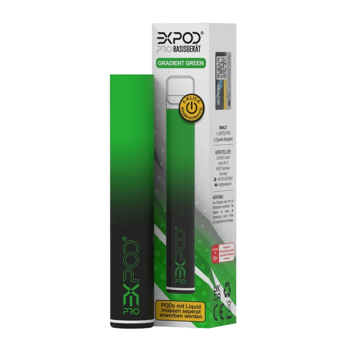 Erlebe Stil und Technologie mit dem eXvape eXpod Pro in Gradient Green, die perfekte Mischung aus Schwarz und Grün.