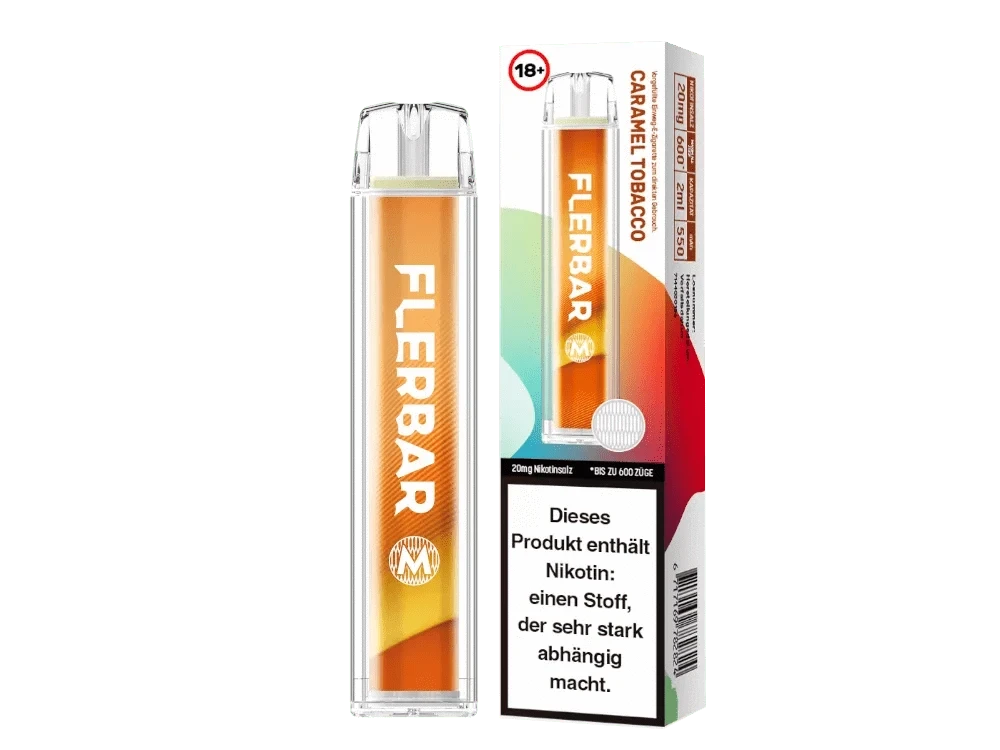 Flerbar M - Caramel Tobacco E-Zigarette vor Verpackung, elegante Mischung aus Tabak und Karamell, perfekt für Genießer. Ab 18 Jahren.