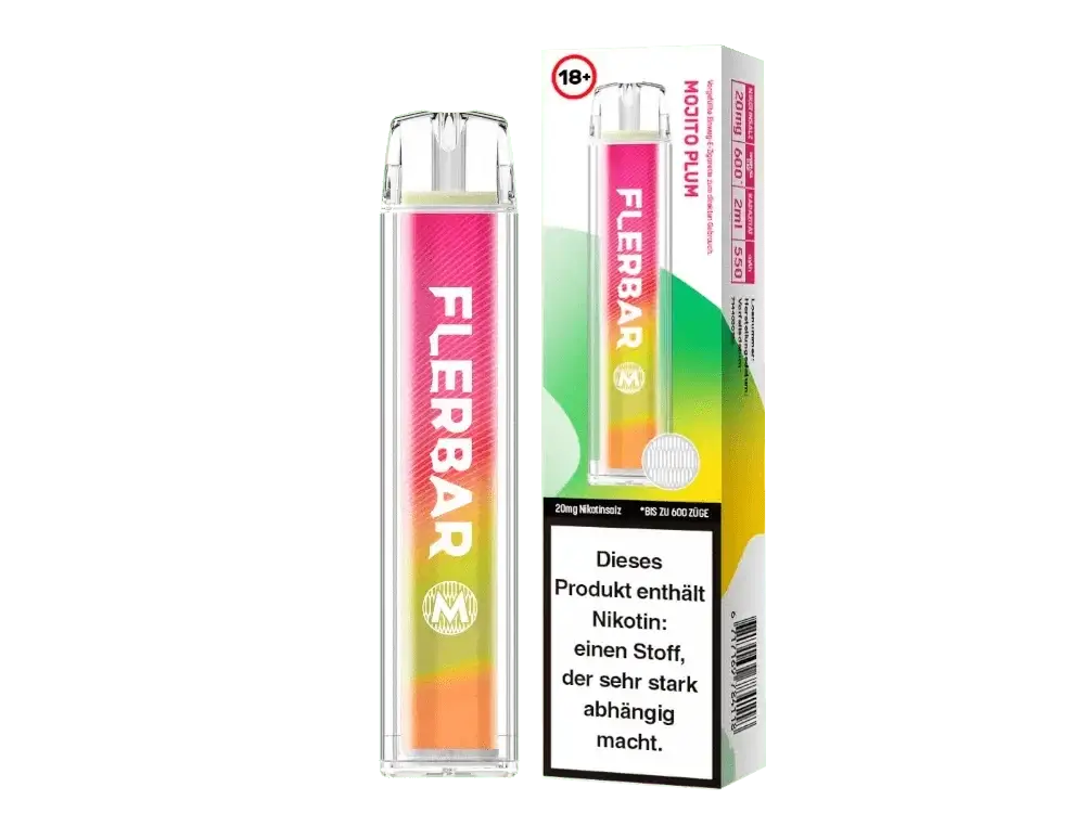 Flerbar M Mojito Plum E-Zigarette und Verpackung, die erfrischende Minze und süße Pflaume in einem exotischen Dampferlebnis vereint.