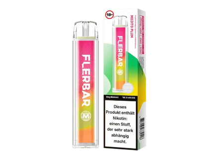 Flerbar M Mojito Plum E-Zigarette und Verpackung, die erfrischende Minze und süße Pflaume in einem exotischen Dampferlebnis vereint.